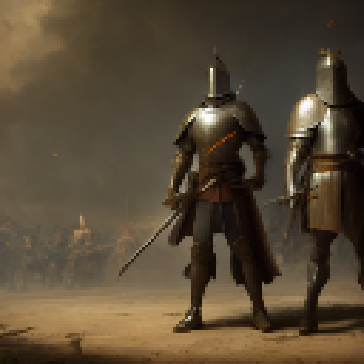 knight with discipline and honor standing surrounded by enemies but still standing his ground bleeding determined