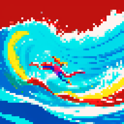 swimming fast, vibrant colors, sharp edges, retro aesthetic, low resolution, bold lines, limited color palette, 8-bit graphics, dynamic motion, lively pixels, high saturation, energetic strokes, digital art, lively animations, fluid movement, playful composition, abstract shapes, pixilated waves, vibrant underwater scene