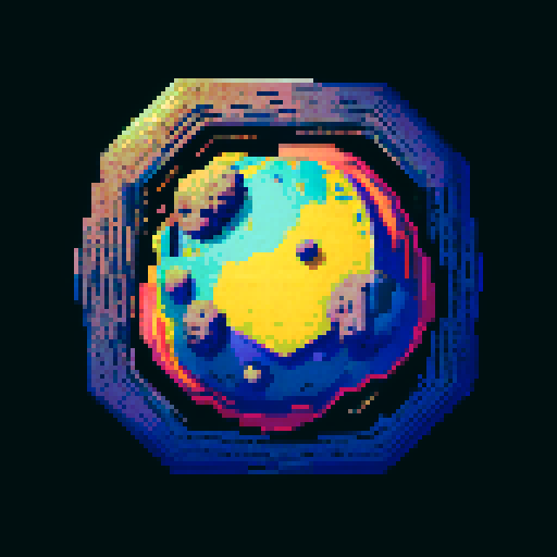 2d asteroid in empty space, metallic exterior, retro aesthetic, pixelated details, wireframe outlines, geometric shapes, low-resolution textures, pixel art style, sRGB color space View from above. 