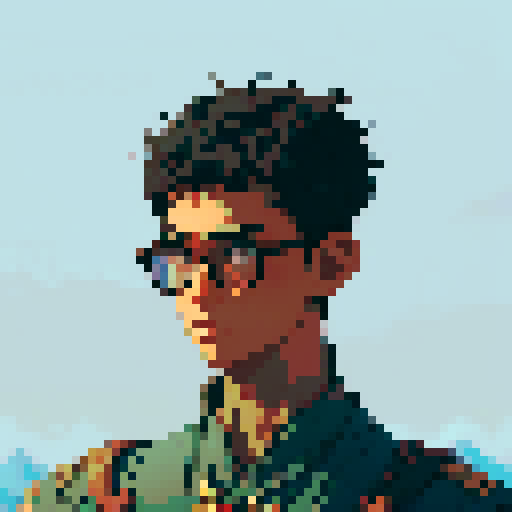 Southeast Asian man, short curly hair, round glasses, tanned