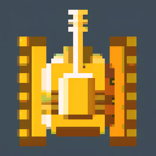 small tank, top-view, game sprite, 32x32 pixel art, sRGB, 2d game art, close up, yellow main color, single turret, intimidating cannons, tracks, tranparent background, game sprite, symmetry