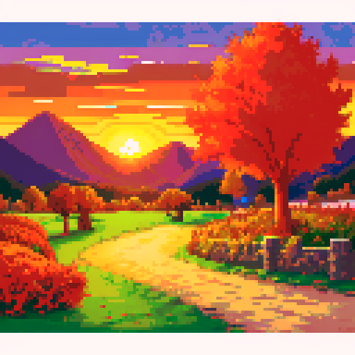 autumn sunset landscape, fire emblem style