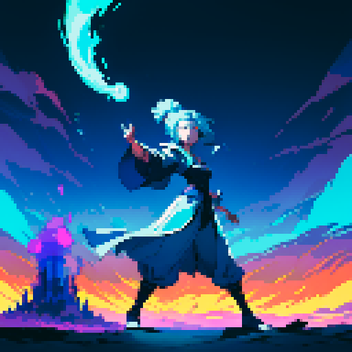 full-body art, sorceress with four arms, blue skin, facing right, ready to fight, surrounded by colorful magic, pixel art, sRGB