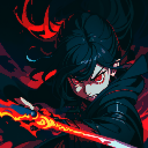 evil sword attack, dark shadows, glowing red eyes, sharp metallic blade, swirling energy, intense battle, jagged lines, dramatic lighting, pixelated explosion, retro color palette, dynamic movement