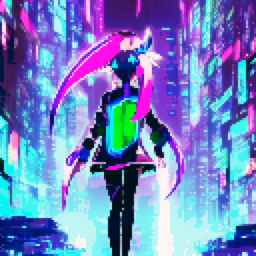 "An INTJ genius hacker with neon green hair, wearing a leather cyberpunk outfit, types furiously on a holographic keyboard in a futuristic city, surrounded by glowing lines of code in anime style."