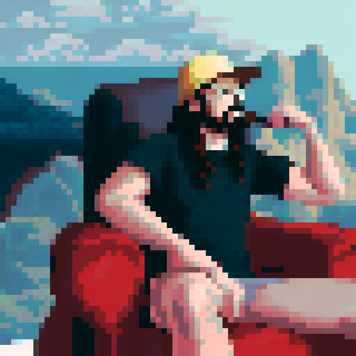 crazy long brown hair, cool guy thinking in his chair, pixel art, sRGB, background landscape