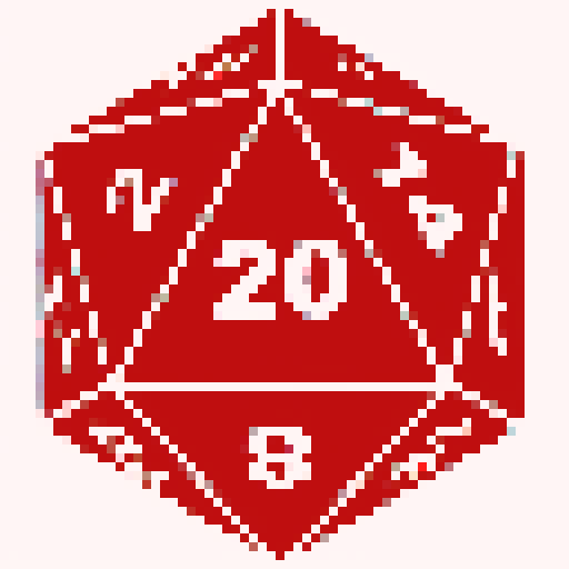 Create a pixel art illustration of a RPG D20 dice with a medieval helmet placed on the top face of the dice, and a sword crossing diagonally over the dice, forming an 'X' shape. The dice should have 20 triangular sections, each numbered from 1 to 20. The helmet should resemble a traditional knight's helmet with detailed features. The sword should have a hilt, guard, and blade with a metallic look.