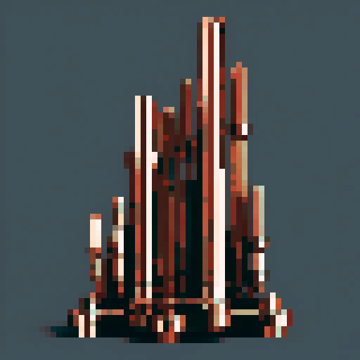 I want a vertical copper structure reminiscent of a organ pipe. It should have strange mechanical details that could interlock with each other. I also want this object usable an asset in a videogame, meaning only one object per image, outlined with a strong black stroke, on a solid-color background.