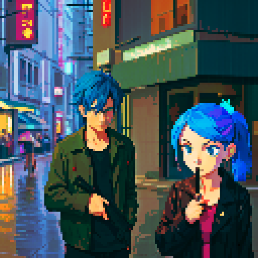 blue haired girl smoking cigarette, and man on the left holding gun, night time rainy streets, grim