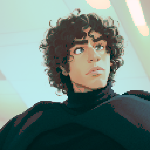 curly-haired man, black bulky turtleneck, cool tone background, pixelated details, vibrant colors, sRGB
