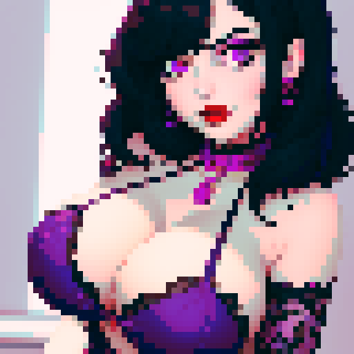 curvy, cute, goth girl,  black hair, purple eyeshadow, red lipstick. Nude glamour shot.