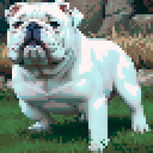prestigious, all white English bulldog, underdog, overlooked, brave, fierce, determined, tired but relentless, pixel art, sRGB