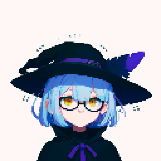male, symmetrical face, closed mouth, yellow eyes, hair between eyes, solo male, straight-on, facing viewer, light blue hair, bob cut, white pupils, tsurime, pepekekeko, long bangs, flowing sleeves, capelet, perfect anatomy, blunt bangs, intricate details, witch hat, feather, glasses, pixel art, sRGB