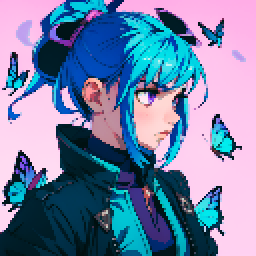 Girl with blue hair, purple butterflies flying around her, teal background