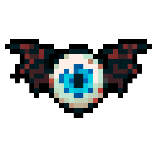 Front-facing sprite of an eyeball enemy with bat wings, solid color background