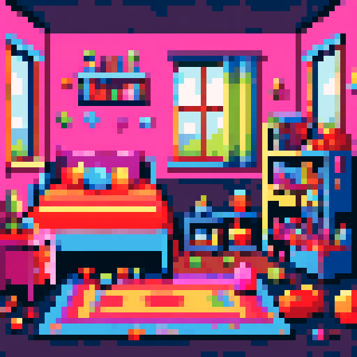 A cozy, colorful child's room with a vibrant, pixel art background, whimsical, toy-filled 