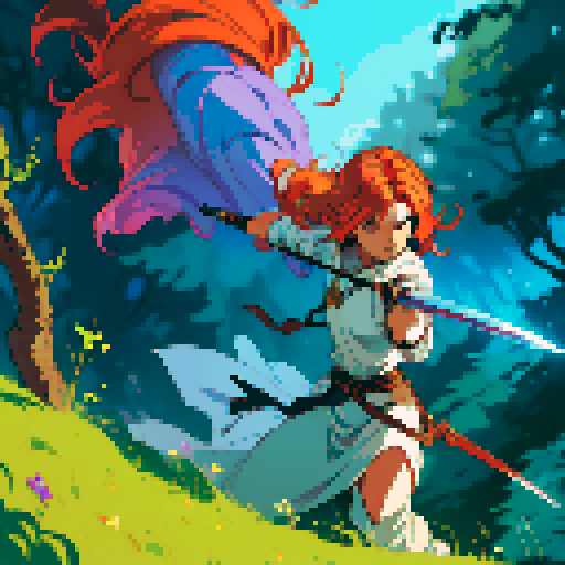 female swordsman, fiery-haired, wielding a luminous blade, poised at cliff's edge, gazing upon a lush woodland, with an extraterrestrial world adorning the sky, all rendered in vibrant pixel art, embracing the sRGB color palette