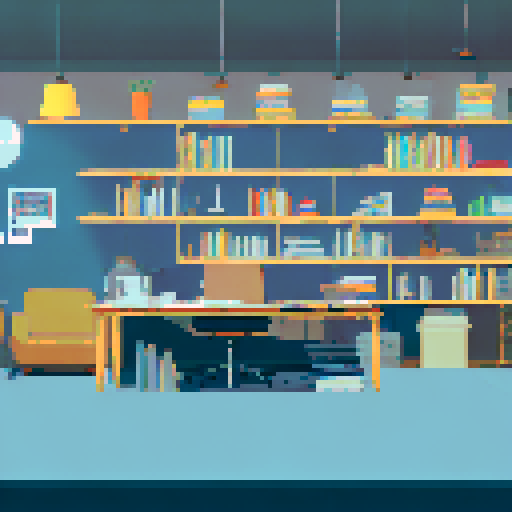 Elon Musk's cluttered office, futuristic gadgets, stacks of blueprints, shelves of model rockets, sRGB, pixel art, background, landscape