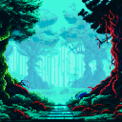 Eerie twisted trees, illuminated by electric bolts, tower over a desolate landscape in a pixelated sRGB rendering of a dark and menacing forest during a thunderstorm