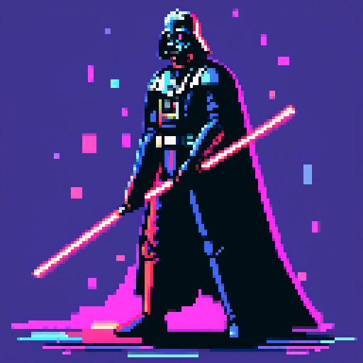 Darth Vader, menacingly standing tall, surrounded by vibrant pixelated lightsabers, emanating an intense neon glow in a mesmerizing sRGB color palette