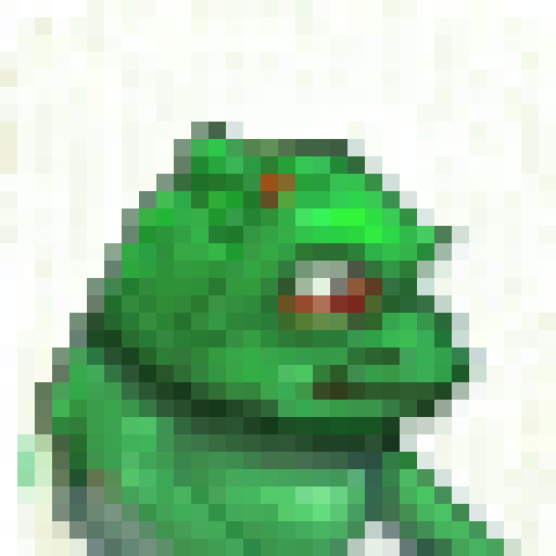 Pixelated Pepe the frog, with a transparent background, in 16-colors, in a game icon style, 32x32 pixels, sRGB, using skillful close-up portrait techniques.