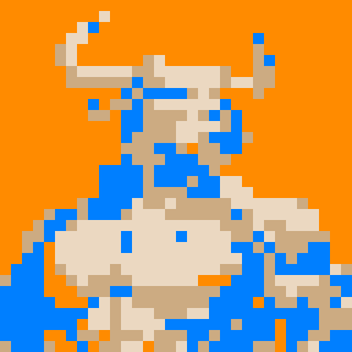 A pixel art portrait of a bull with a neutral expression, featuring a minimalist design with light skin tone, solid colors, Set against a solid orange background. The style is reminiscent of early video game characters, with a square aspect ratio.