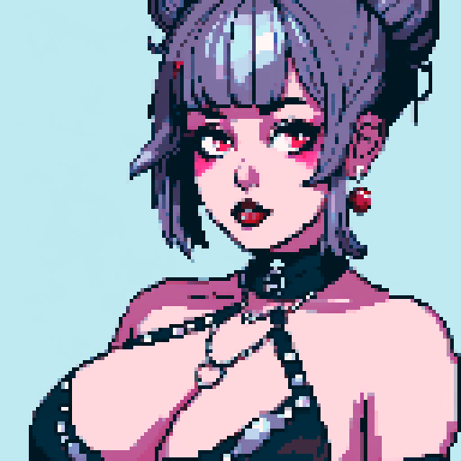 busty thicc goth babe, studded collar, red lipstick, goth makeup, buns, large breasts, low-cut black studded halter top, posing for pixel art portrait, sRGB style