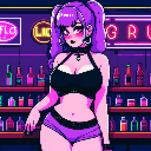 Thicc, curvy, busty goth babe with studded collar, long purple hair in buns, fishnet stockings, studded halter top, posing in neon bar for photo.  neon signage, sRGB
