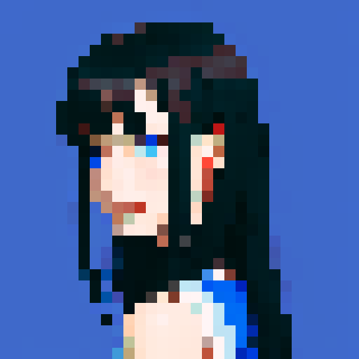 face forward, western style, only blue colors, portrait avatar, woman with shoulder length dark hair, looking at the camera, close up