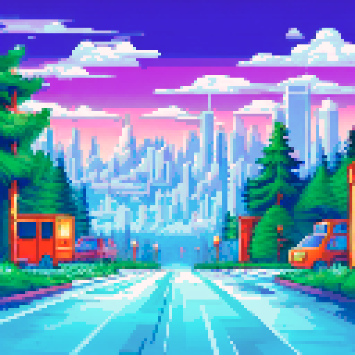 Snow-capped peaks towering over pine forests and a modern city, with a trash strewn all over the streets, all rendered in a vibrant, pixelated art style on an sRGB background