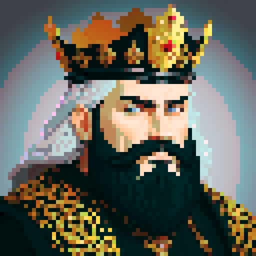 king, regal, black metall crown, black crown, majestic, stoic expression, sharp features, beard, silver accents, silver royal robe, intricate embroidery, game icon, 32x32 pixel art, sRGB, skill art, close up, portrait, golden hairs, detailed