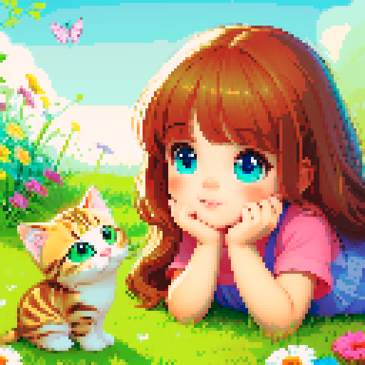 little cute girl lies on the grass and looks at the kitten, cartoon style, 64 colors