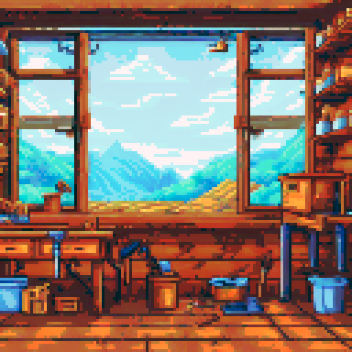 It is the 19th century, a cluttered workshop with wooden boards on the floor, walls adorned with woodworking tools, workbenches scattered with tools, there is a window, in a 16bit pixel art style





