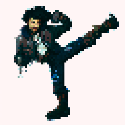 Spiky-haired punk thug, clad in gray denim jacket, blue pants, and brown boots, fiercely grunting while executing a high kick with guard up, depicted in a gritty, urban retro pixel art style.