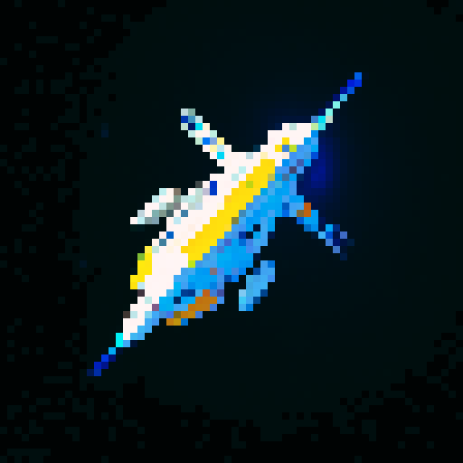 a transparent pure 2d sprite for a space game. It needs to look like the top view of a futuristic spaceship all by itself with the background transparent ,style of the 80s. The spaceship should not have any shadows.