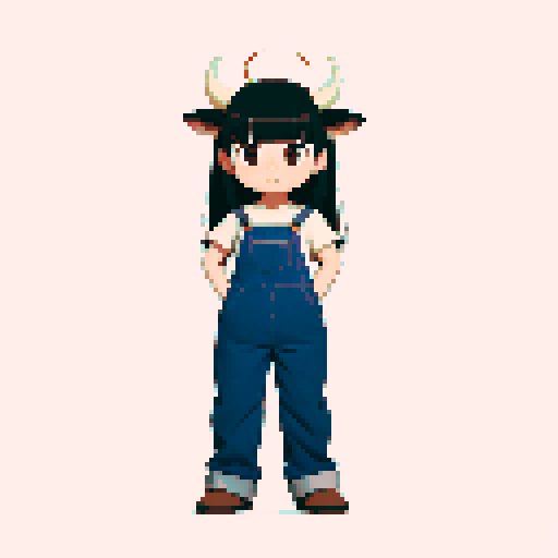 neutral anime cow girl, black long straight hair, front bangs, cream cow horns, brown cow ears with pink inside, large brown eyes, soft sparkle in eyes, neutral expression, calm face, small closed mouth, relaxed eyebrows, cow-themed outfit, cow print overalls (dark denim with black splotches), cream low-cut tank top underneath, slight visible cleavage, arms straight down at sides, soft posture, centered composition, standing idle, no movement, soft shading, clean outline, no background
