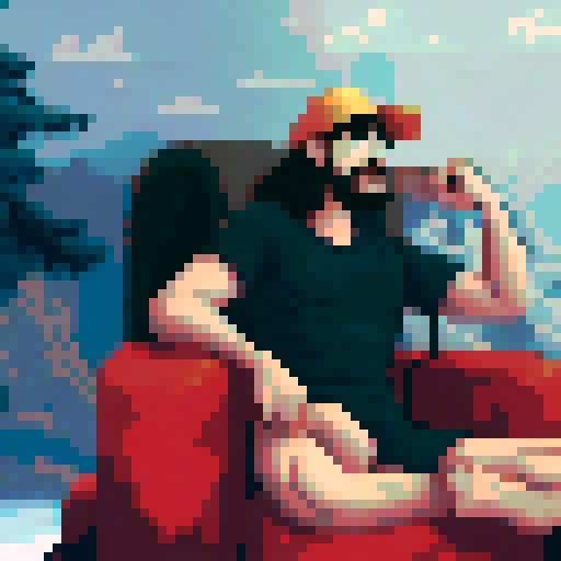 crazy long brown hair, cool guy thinking in his chair, pixel art, sRGB, background landscape