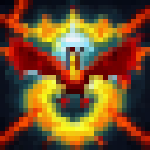 Fiery dragon soaring through misty mountains, knight in shining armor charging with lance, castle in the distance, all in pixel art style.