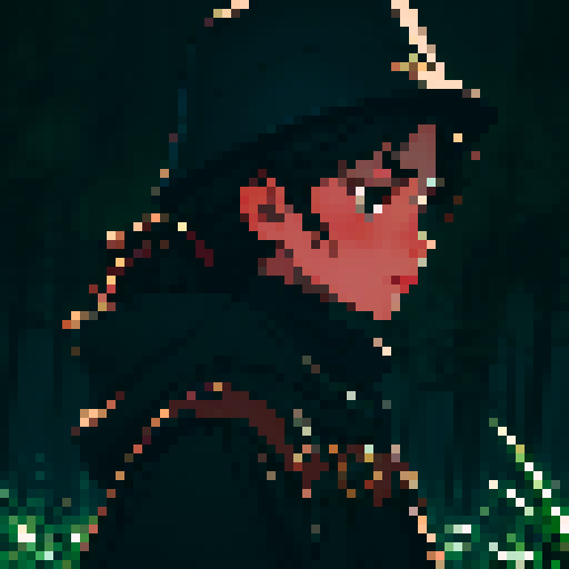 Dark night time in the forest background, Dark background, profile picture, young girl, rounded face, no emotion face, black eyes, short black hair, brown coat, brown hat, small chest