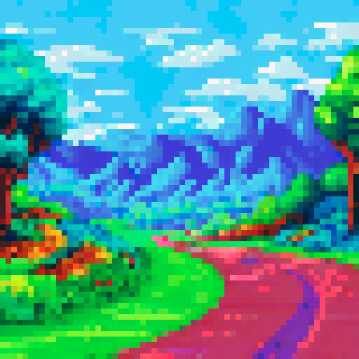 Blue-hooded runner sprinting through a vibrant, pixelated landscape with rolling hills and towering trees as the backdrop in a vivid sRGB color palette