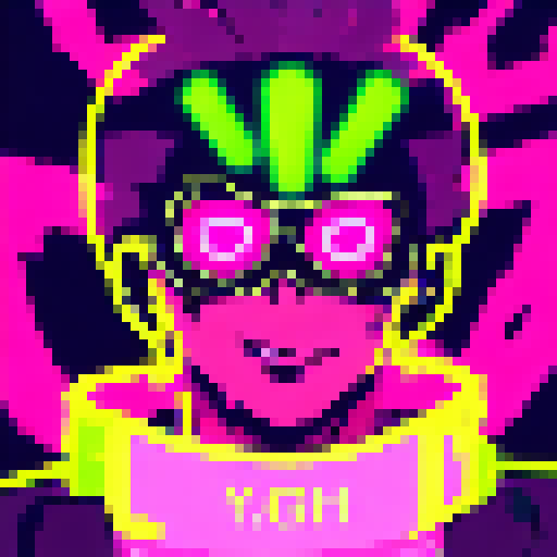 Glowing cyberpunk hacker with slicked back hair and a neon visor, surrounded by flickering neon lights and a futuristic cityscape, all depicted in the vibrant and edgy Yo-Hokki style.