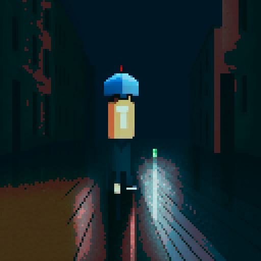 lonely boy, rainy wet street, guitar, bottle of wine, pixel art