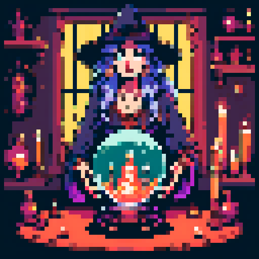 Young bohemian witch with eclectic fashion, staring into a crystal ball, point of view from the person receiving the fortune, adorned with floating candles and magical herbs.