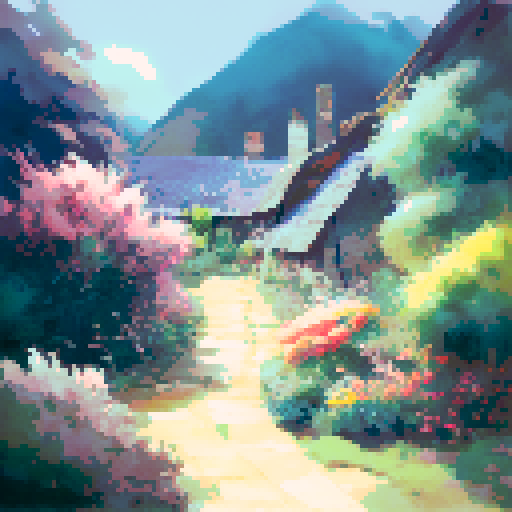 isometric view, bedroom, landscape, portrait, cozy, sunlit, rustic wooden furniture, vintage floral wallpaper, soft pastel colors, fluffy pillows, sunlight streaming through lace curtains, potted plants, patterned rugs, bookshelf filled with books, antique lamp, framed artwork, open window with a view of rolling hills, inviting armchair, patterned throw blanket, woven baskets, serene atmosphere