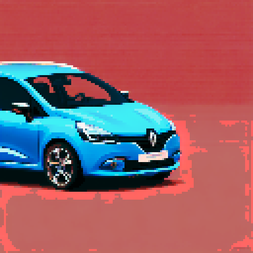 Photorealistic whole Renault Clio, centered, three-quarter view, right front wheel, clean background, sRGB colors, pixel art style