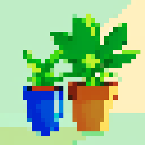 potted plant, vibrant green leaves, sunlight streaming through, pixel art, sRGB