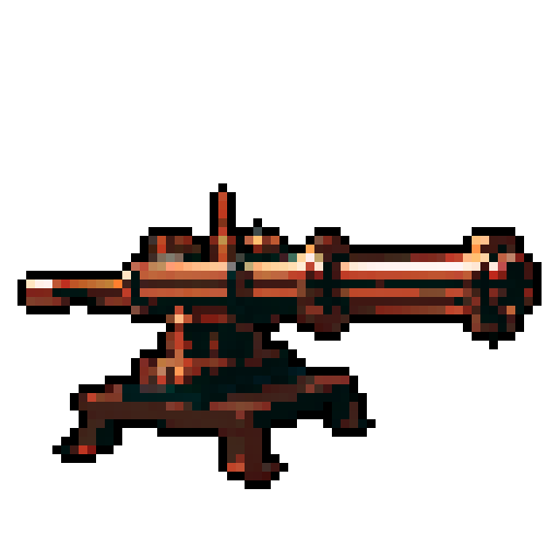 I want a copper rotary machine gun viewed from from the side. I want this object usable an asset in a videogame, meaning only one object per image, outlined with a strong black stroke, on a solid-color background.