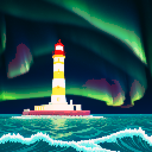 white lighthouse standing tall, vibrant aurora dancing in the sky, sparkling sea waves