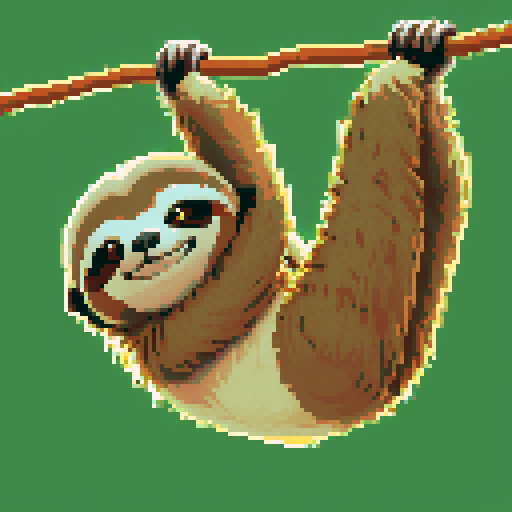 smiling sloth, hanging on branch, pixelated, vibrant colors, sRGB