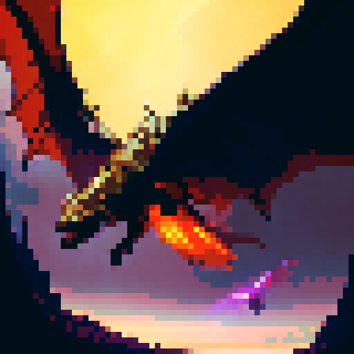 Fiery dragon with shimmering scales, wings spread wide as it soars through a cloudy sky, spewing flames from its monstrous jaws with a backdrop of a mystical kingdom in a fantasy RPG style